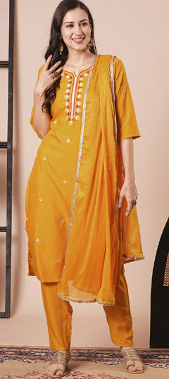 Orange color Salwar Kameez in Rayon fabric with Embroidered, Resham, Thread work