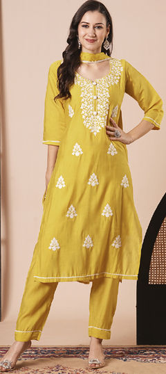 Yellow color Salwar Kameez in Viscose fabric with Embroidered, Resham, Thread work