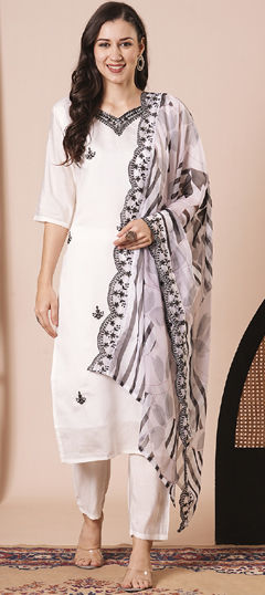 White and Off White color Salwar Kameez in Chanderi Silk fabric with Embroidered, Printed work