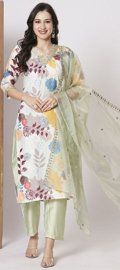 White and Off White color Salwar Kameez in Muslin fabric with Embroidered, Floral, Printed work