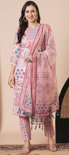 Pink and Majenta color Salwar Kameez in Cotton fabric with Embroidered, Printed work