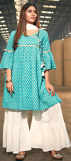 Blue color Salwar Kameez in Cotton fabric with Printed work