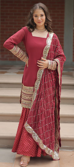 Pink and Majenta color Salwar Kameez in Faux Georgette fabric with Embroidered, Sequence, Thread work