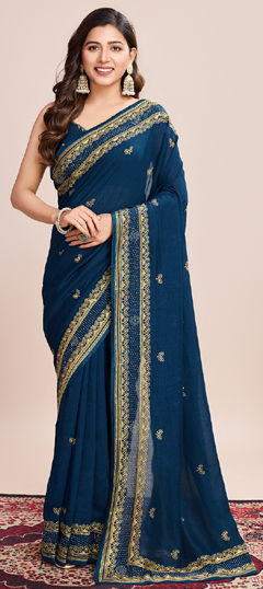 Blue color Saree in Art Silk fabric with Embroidered, Thread work