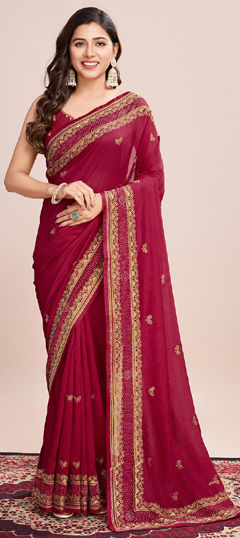 Red and Maroon color Saree in Art Silk fabric with Embroidered, Thread work