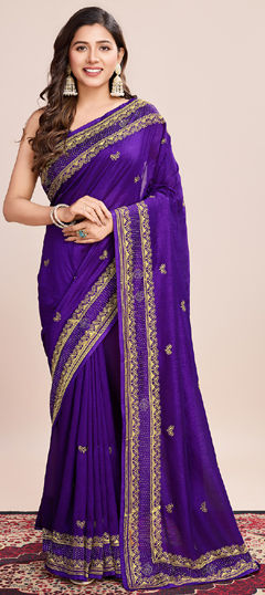 Purple and Violet color Saree in Art Silk fabric with Embroidered, Thread work