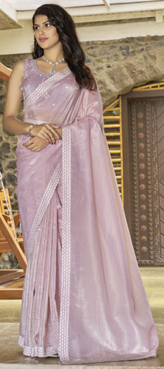 Pink and Majenta color Saree in Crushed Silk fabric with Zircon work