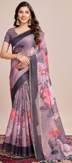 Multicolor color Saree in Linen fabric with Digital Print, Floral, Weaving, Zari work