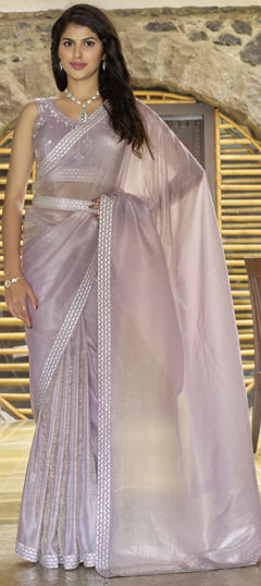 Purple and Violet color Saree in Crushed Silk fabric with Zircon work