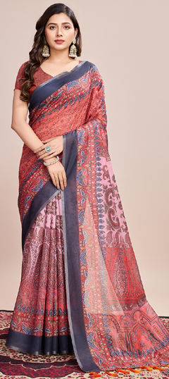 Multicolor color Saree in Linen fabric with Digital Print, Weaving, Zari work