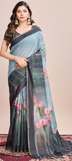 Multicolor color Saree in Linen fabric with Digital Print, Floral, Weaving, Zari work