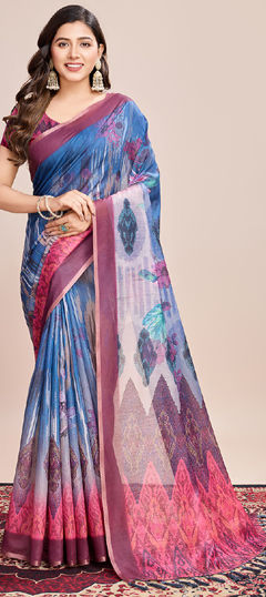 Multicolor color Saree in Linen fabric with Digital Print, Floral, Weaving, Zari work