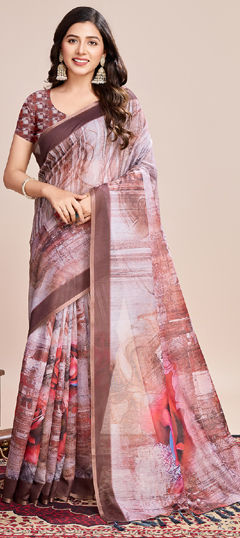 Multicolor color Saree in Linen fabric with Digital Print, Weaving, Zari work