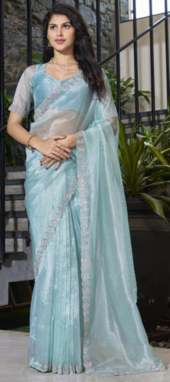 Green color Saree in Organza Silk fabric with Moti, Zircon work