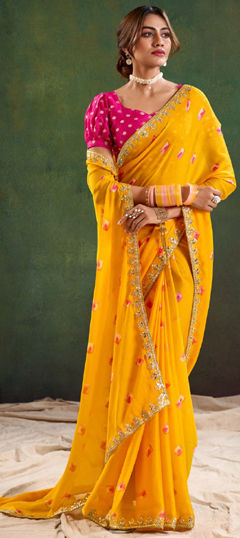 Yellow color Saree in Chiffon fabric with Embroidered, Printed, Sequence, Thread, Zari work