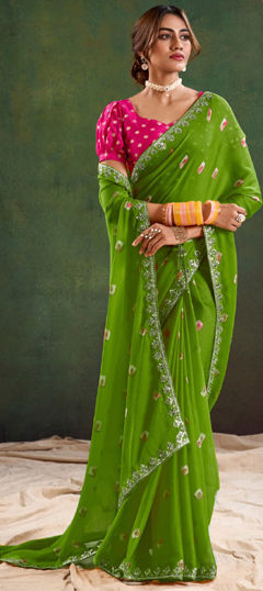 Green color Saree in Chiffon fabric with Embroidered, Printed, Sequence, Thread, Zari work