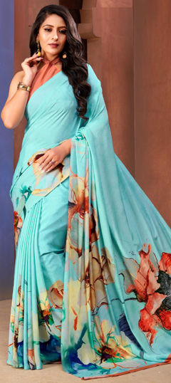 Blue color Saree in Crepe Silk fabric with Floral, Printed work