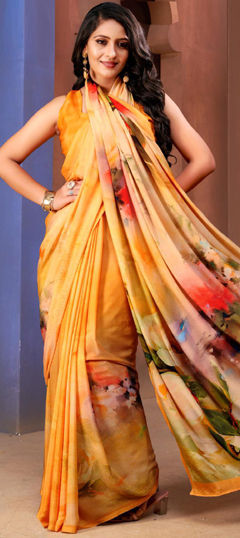 Yellow color Saree in Crepe Silk fabric with Printed work