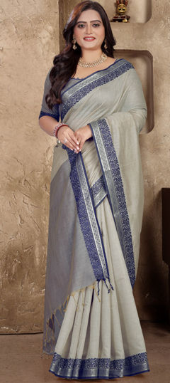 Black and Grey color Saree in Linen fabric with Printed work