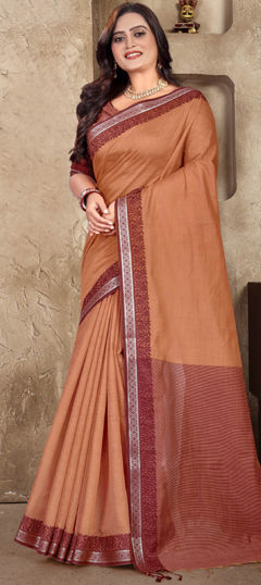 Orange color Saree in Linen fabric with Printed work