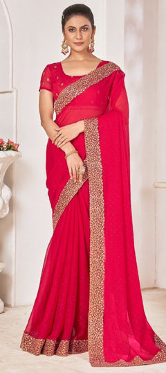 Pink and Majenta color Saree in Chiffon fabric with Embroidered, Sequence work