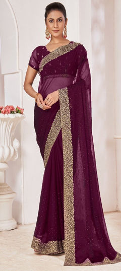 Purple and Violet color Saree in Chiffon fabric with Embroidered, Sequence work