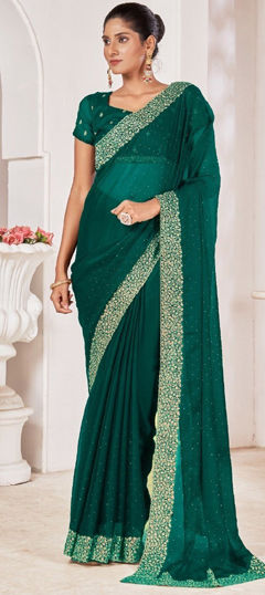 Green color Saree in Chiffon fabric with Embroidered, Sequence work