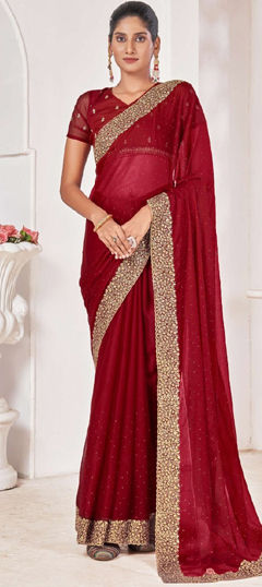 Red and Maroon color Saree in Chiffon fabric with Embroidered, Sequence work