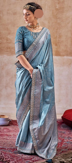 Blue color Saree in Satin Silk fabric with Border, Sequence, Thread, Weaving, Zari work