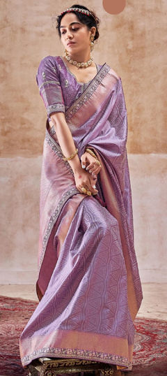 Purple and Violet color Saree in Satin Silk fabric with Border, Sequence, Thread, Weaving, Zari work