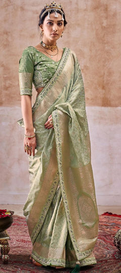 Green color Saree in Satin Silk fabric with Border, Sequence, Thread, Weaving, Zari work