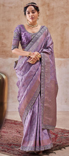 Purple and Violet color Saree in Satin Silk fabric with Border, Sequence, Thread, Weaving, Zari work