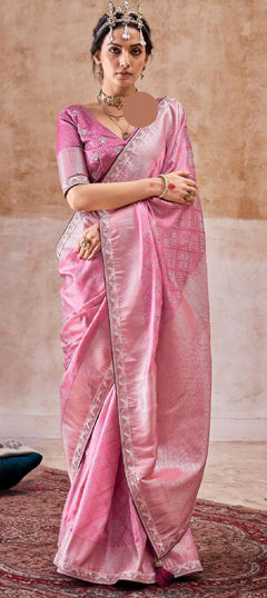 Pink and Majenta color Saree in Satin Silk fabric with Border, Sequence, Thread, Weaving, Zari work