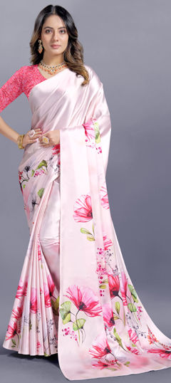 White and Off White color Saree in Crepe Silk fabric with Digital Print, Floral work