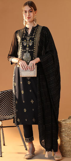 Black and Grey color Salwar Kameez in Rayon fabric with Block Print work