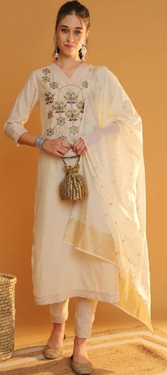 White and Off White color Salwar Kameez in Silk fabric with Embroidered work