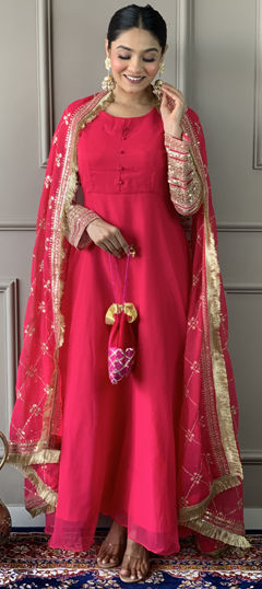 Pink and Majenta color Salwar Kameez in Georgette fabric with Embroidered, Thread work