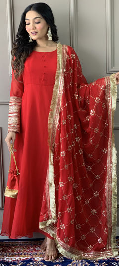 Red and Maroon color Salwar Kameez in Georgette fabric with Embroidered, Thread work