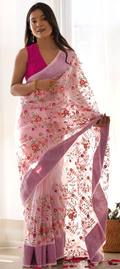 Pink and Majenta color Saree in Organza Silk fabric with Embroidered, Resham, Thread, Zari work