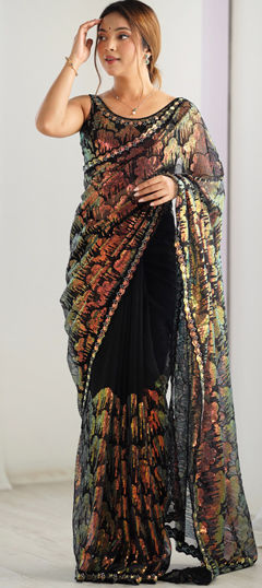 Black and Grey color Saree in Net fabric with Embroidered, Resham, Sequence work