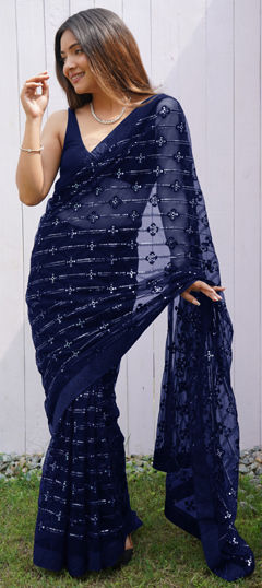 Blue color Saree in Net fabric with Sequence, Stone, Thread work