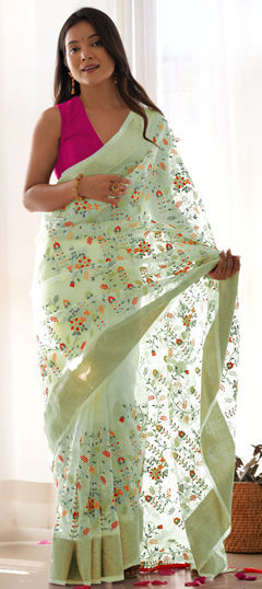 Green color Saree in Organza Silk fabric with Embroidered, Resham, Thread work