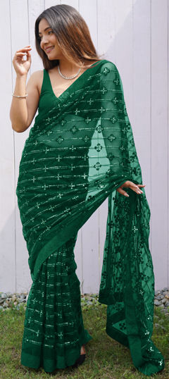 Green color Saree in Net fabric with Embroidered, Sequence, Stone, Thread work