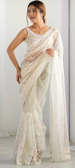 White and Off White color Saree in Net fabric with Embroidered, Resham, Sequence work