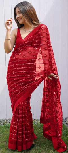 Red and Maroon color Saree in Net fabric with Embroidered, Sequence, Stone, Thread work