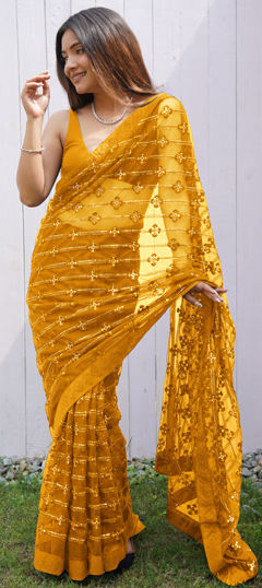 Yellow color Saree in Net fabric with Embroidered, Sequence, Stone, Thread work