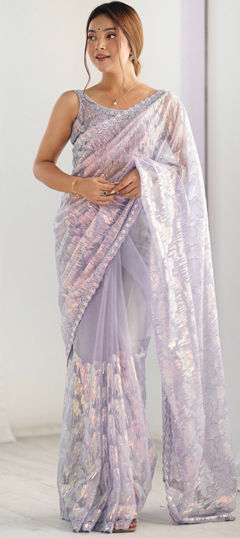 Purple and Violet color Saree in Net fabric with Embroidered, Resham, Sequence work