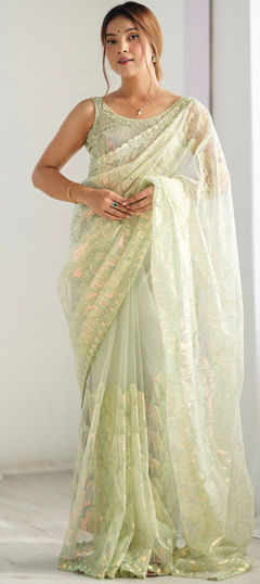 Green color Saree in Net fabric with Embroidered, Resham, Sequence work