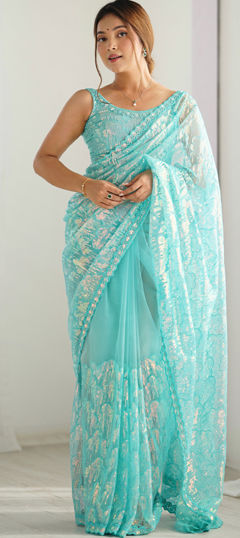 Blue color Saree in Net fabric with Embroidered, Resham, Sequence work