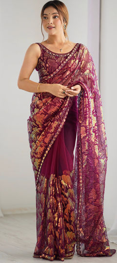 Purple and Violet color Saree in Net fabric with Embroidered, Resham, Sequence work